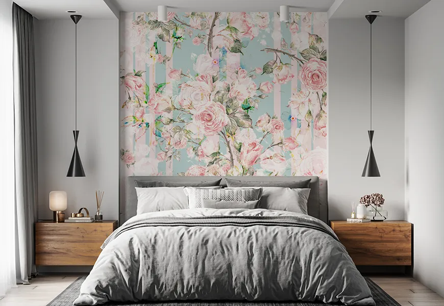پوستر دیواری سه بعدی اتاق خواب عروس و داماد طرح گلهای رز صورتی